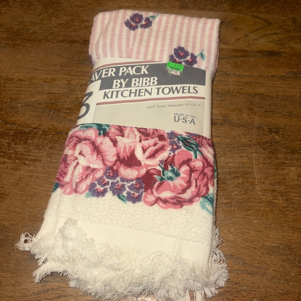 Vintage 80s Saver 3-Pack by Bibb Roses Cotton Kitchen Towels Dead Stock